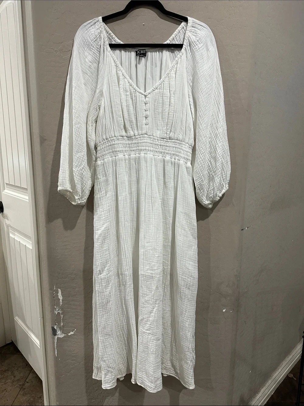J. Crew White Long Sleeve Smocked-Waist Maxi Dress